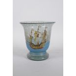 An early C20th American tavern glass vase decorated with the Santa Maria, Pinta and Nina, probably