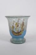 An early C20th American tavern glass vase decorated with the Santa Maria, Pinta and Nina, probably