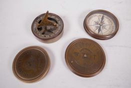 A brass cased pocket compass inscribed with a poem by Robert Frost, 3" diameter, together with a