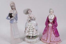 A Coalport porcelain figurine, 'Anne of Cleves', 8" high, together with two other female figurines
