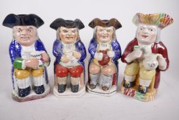 Four antique merry toper Toby jugs including Davenport, largest 10" high (faults)