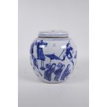 A Chinese Republic blue and white porcelain ginger jar and cover, decorated with a busy market