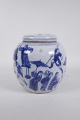 A Chinese Republic blue and white porcelain ginger jar and cover, decorated with a busy market