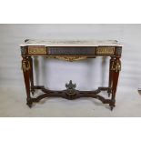 A neo-classical style breakfront mahogany and brass mounted console table, with inset frieze panels,