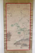 A Chinese watercolour scroll depicting birds by a river, 25½" x 50½"