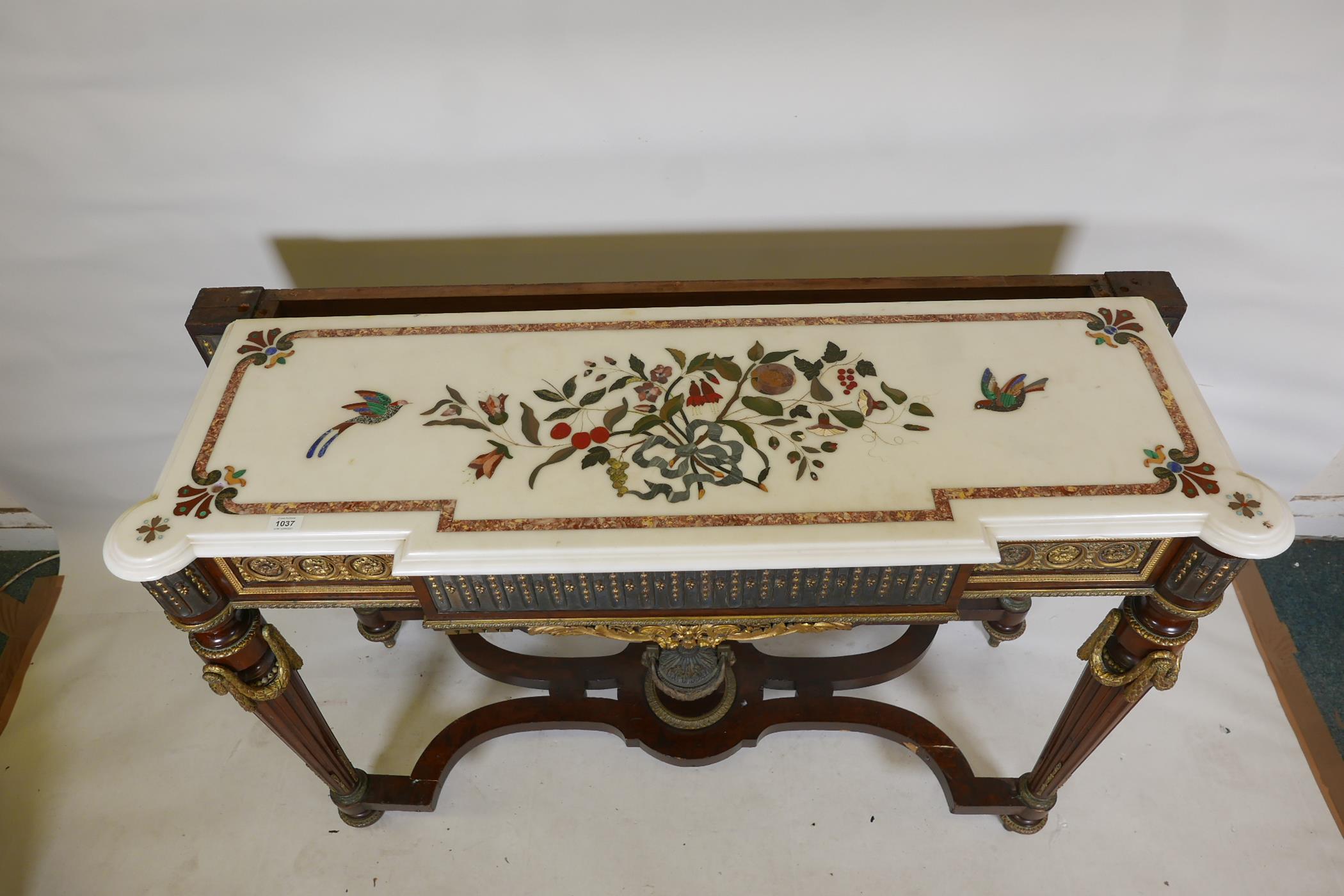 A neo-classical style breakfront mahogany and brass mounted console table, with inset frieze panels, - Image 4 of 9