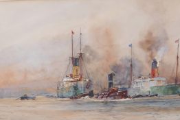 Charles Dixon, shipping on the Thames, titled verso Deptford 1912, 26" x 10½"