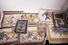 A collection of twelve Indian paintings on silk, tiger hunting, parades etc, unframed