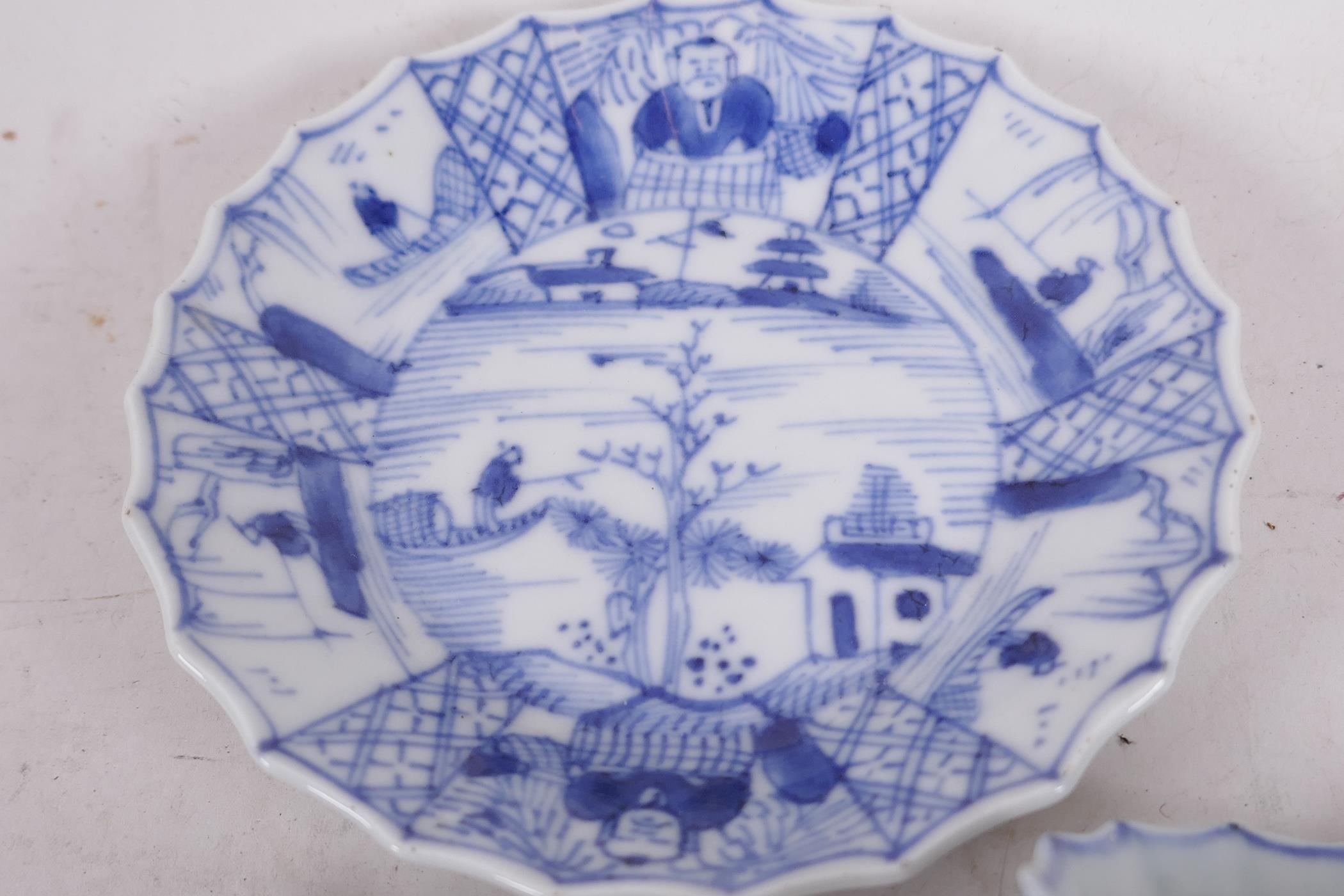 Two Chinese Yongzheng (1723-1735) blue and white fluted tea bowls with a matching saucer, saucer - Image 3 of 7