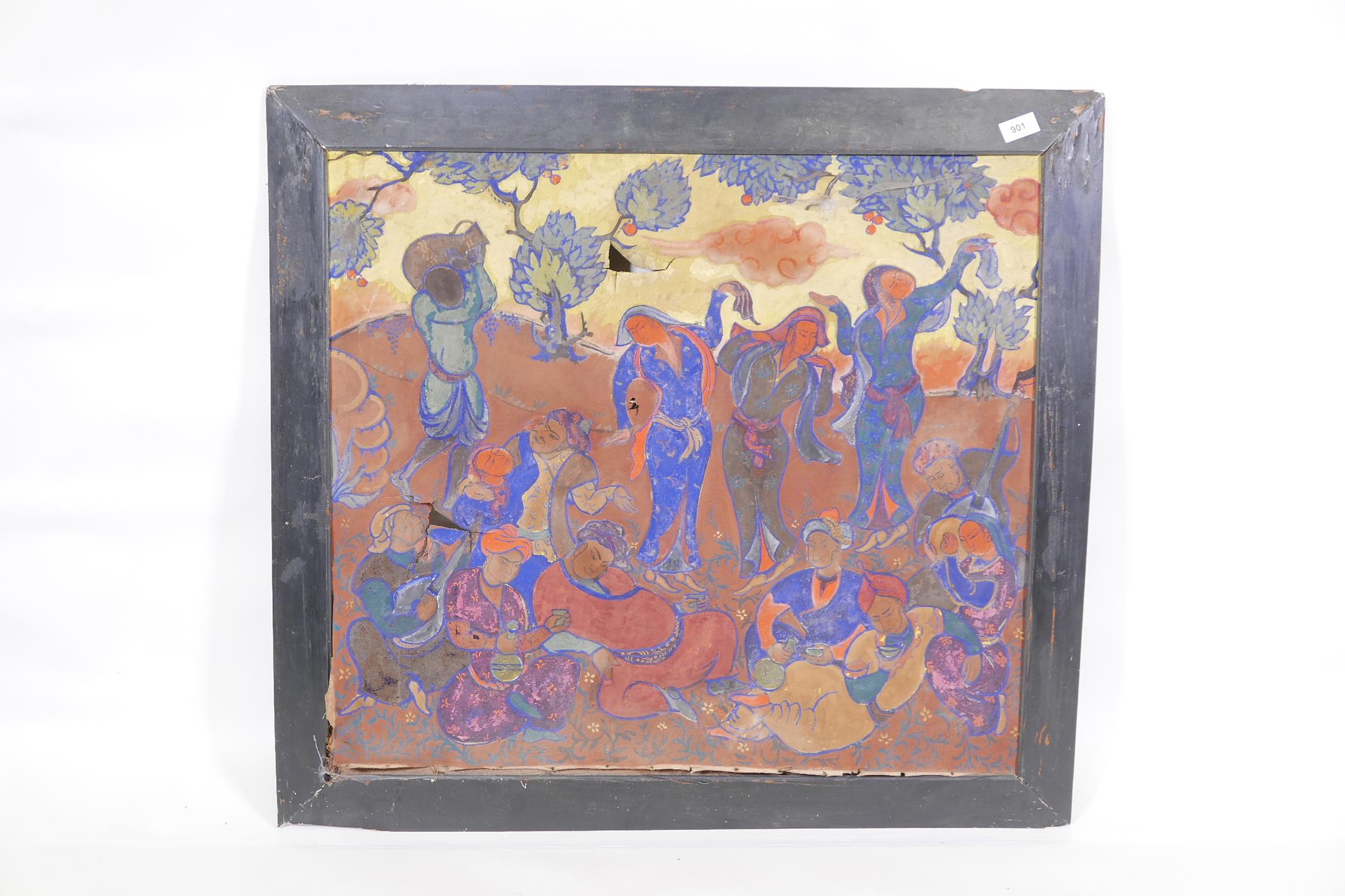 An antique Indian painting, figures dancing and feasting in meadows, distempter on canvas, A/F,