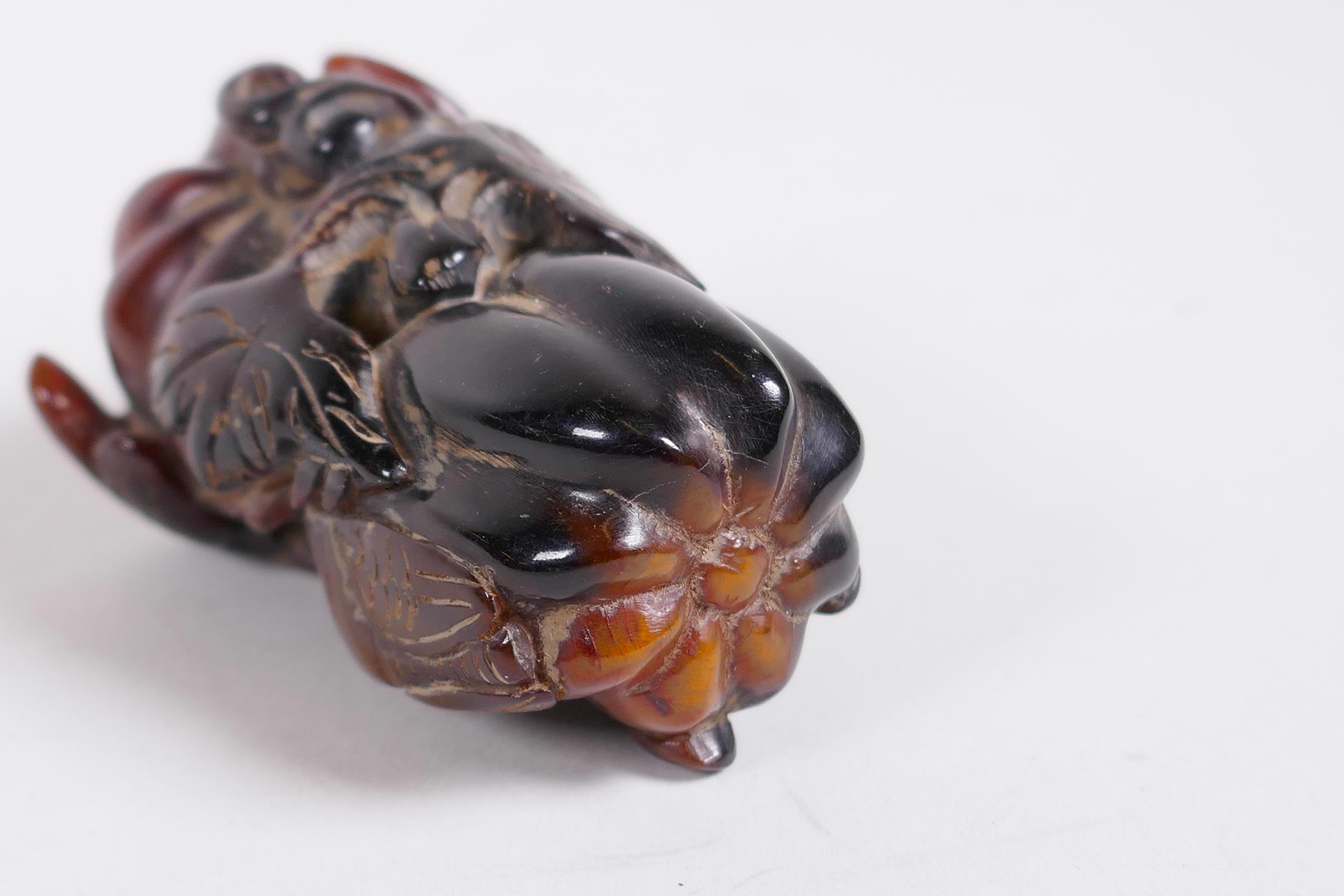 A Chinese carved horn ornament in the form of a cicada on a gourd, 2½" long - Image 4 of 4