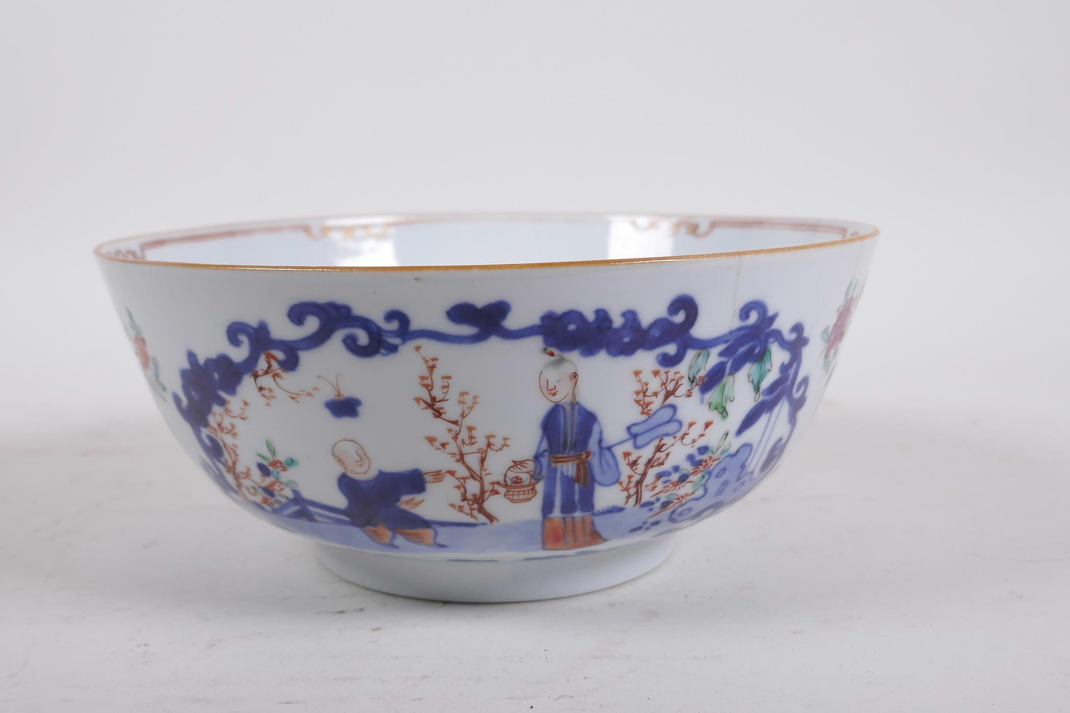 A C18th Chinese polychrome porcelain bowl decorated with figures in a landscape and flowers, 7½" - Image 3 of 8