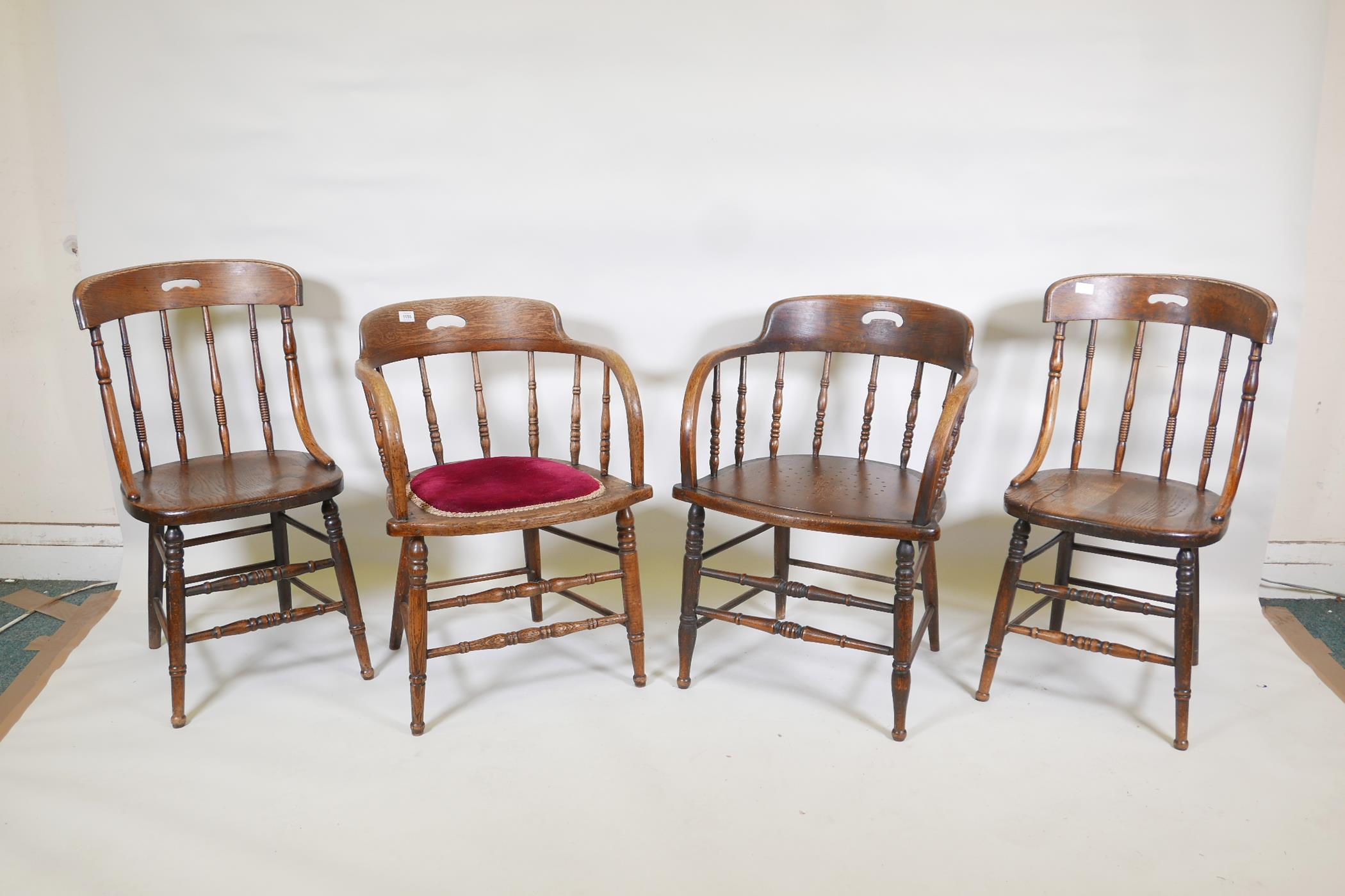 A near pair of C19th elm spindle back smoker's armchairs, and a similar pair of dining chairs, - Image 2 of 4