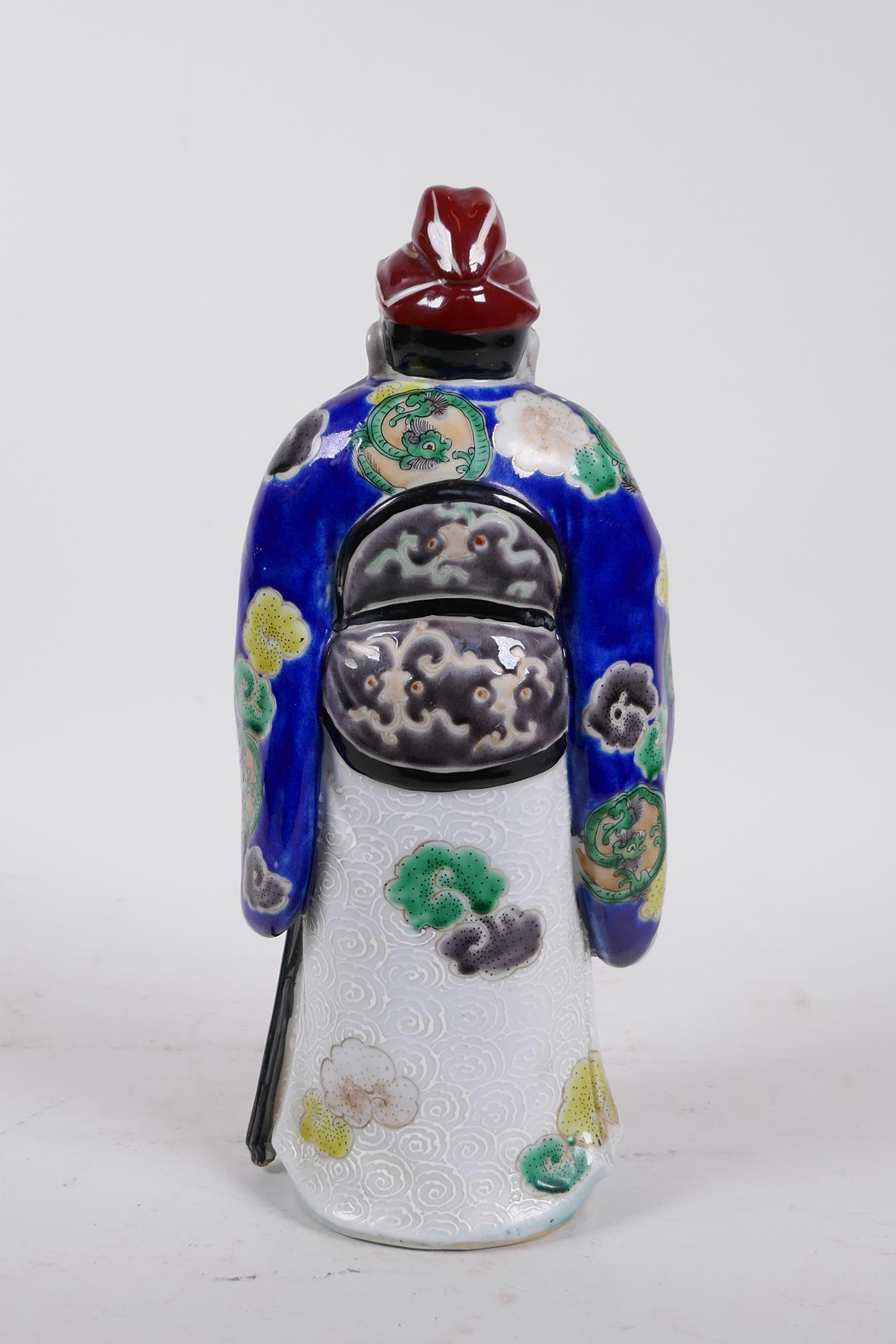 A Chinese polychrome porcelain figure of an Immortal, 11" high - Image 3 of 4