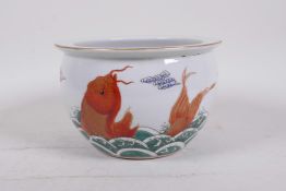 A Chinese famille verte porcelain jardiniere with carp decoration, 6½" diameter