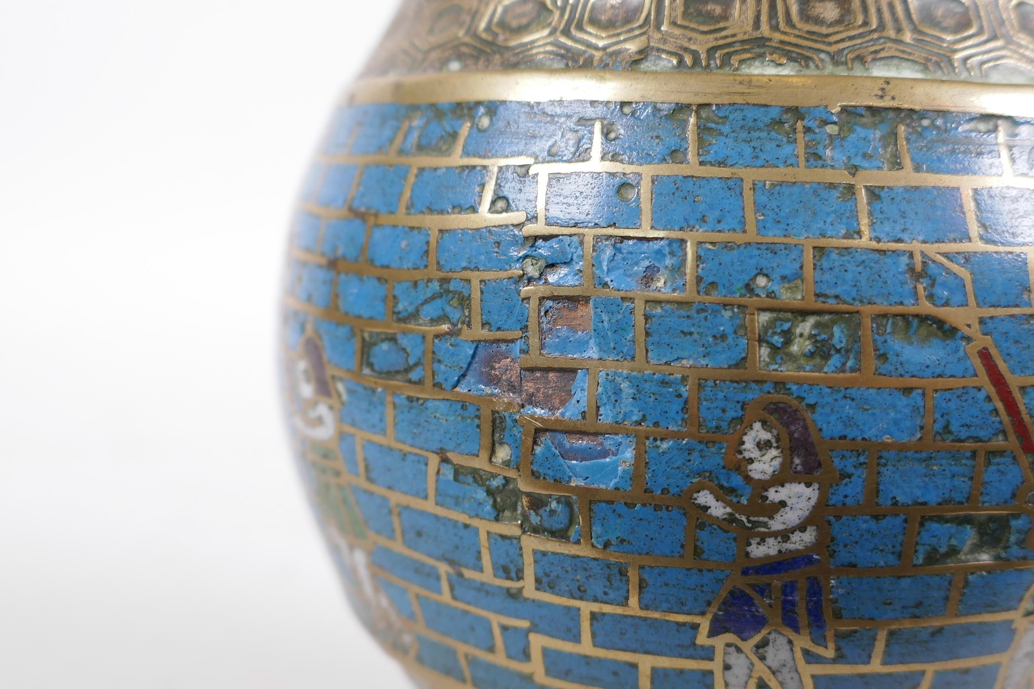 An Eastern bronze cloisonne two handled vase of Chinese form, the cloisonne bands with Egyptian - Image 6 of 6