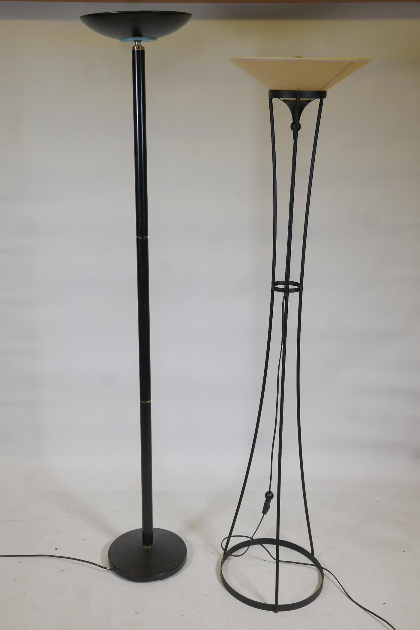 A contemporary painted metal uplighter, 70" high, and another