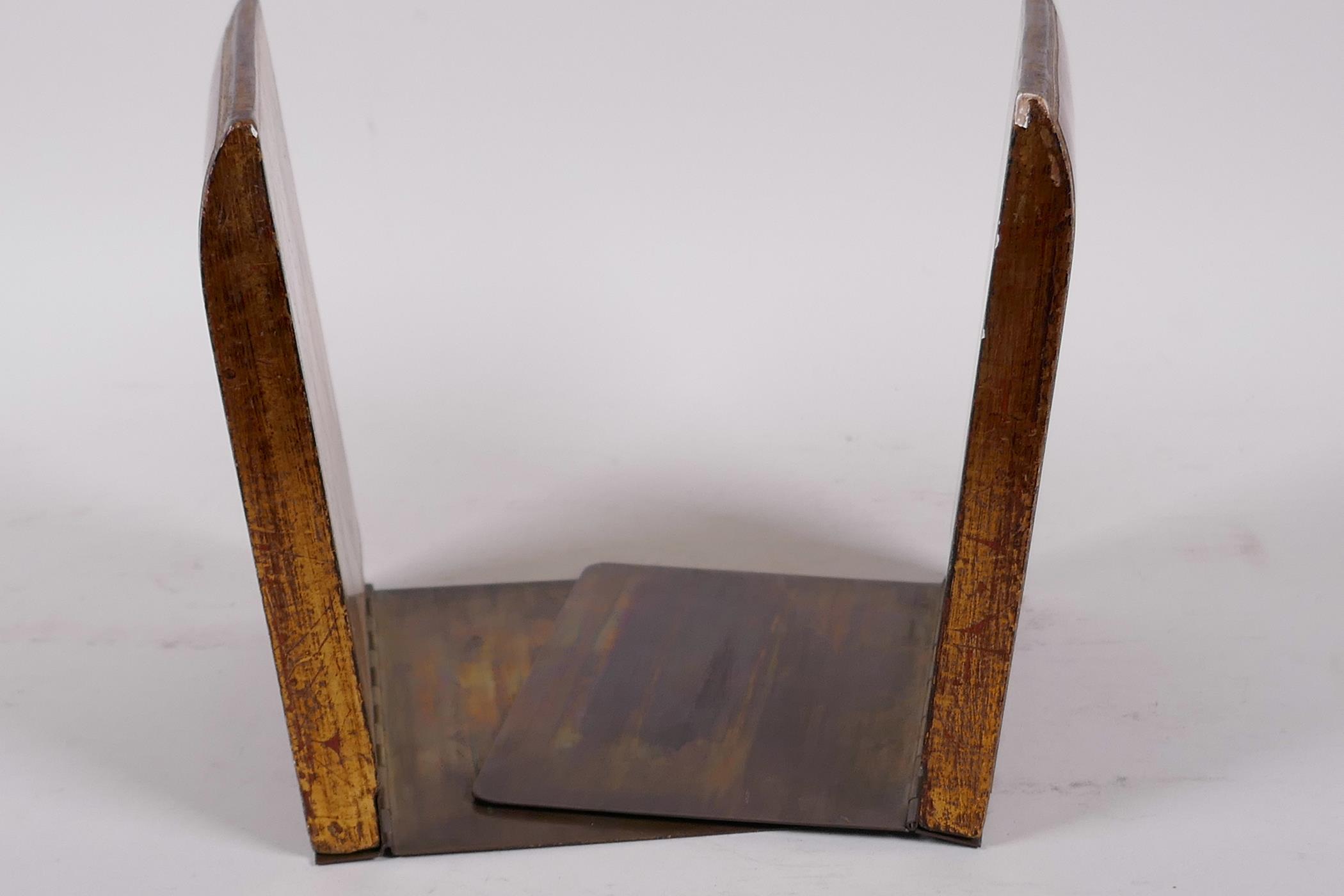 A pair of wood, leather and brass bookends, the wooden ends leather bound in the form of books - Image 3 of 3