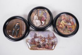 Three Prattware pot lids, 'First Appeal', 'Card Players' and 'Night Watchman', together with a