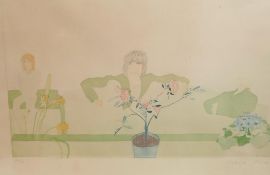 Patrick Proctor, signed limited edition etching, three figures and plants, plate size 18" x 29½"