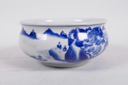 A Chinese blue and white porcelain bowl decorated with figures in a riverside landscape, 6" diameter