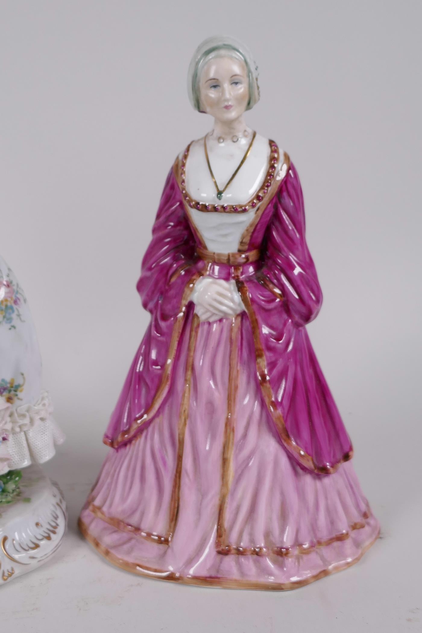 A Coalport porcelain figurine, 'Anne of Cleves', 8" high, together with two other female figurines - Image 4 of 5