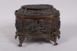 A C19th gilt metal casket, decorated with a tavern scene, and genre scenes, A/F gilt worn away and