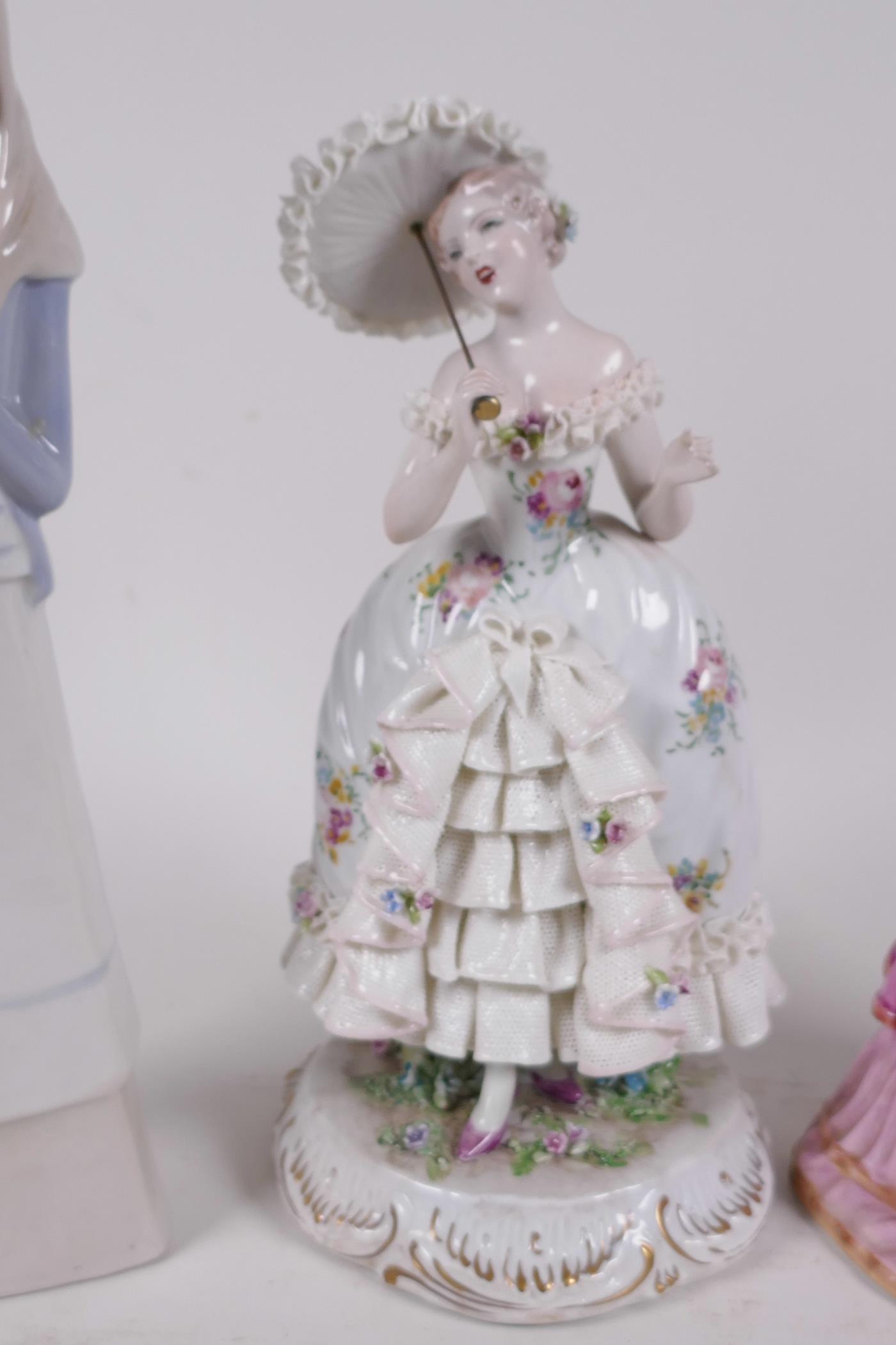 A Coalport porcelain figurine, 'Anne of Cleves', 8" high, together with two other female figurines - Image 2 of 5