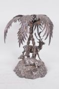 A C19th silver plated table centre-piece formed as deer under a palm tree by Thomas Bradbury and