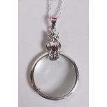 A 925 silver pendant magnifying glass with owl decoration, 2" drop