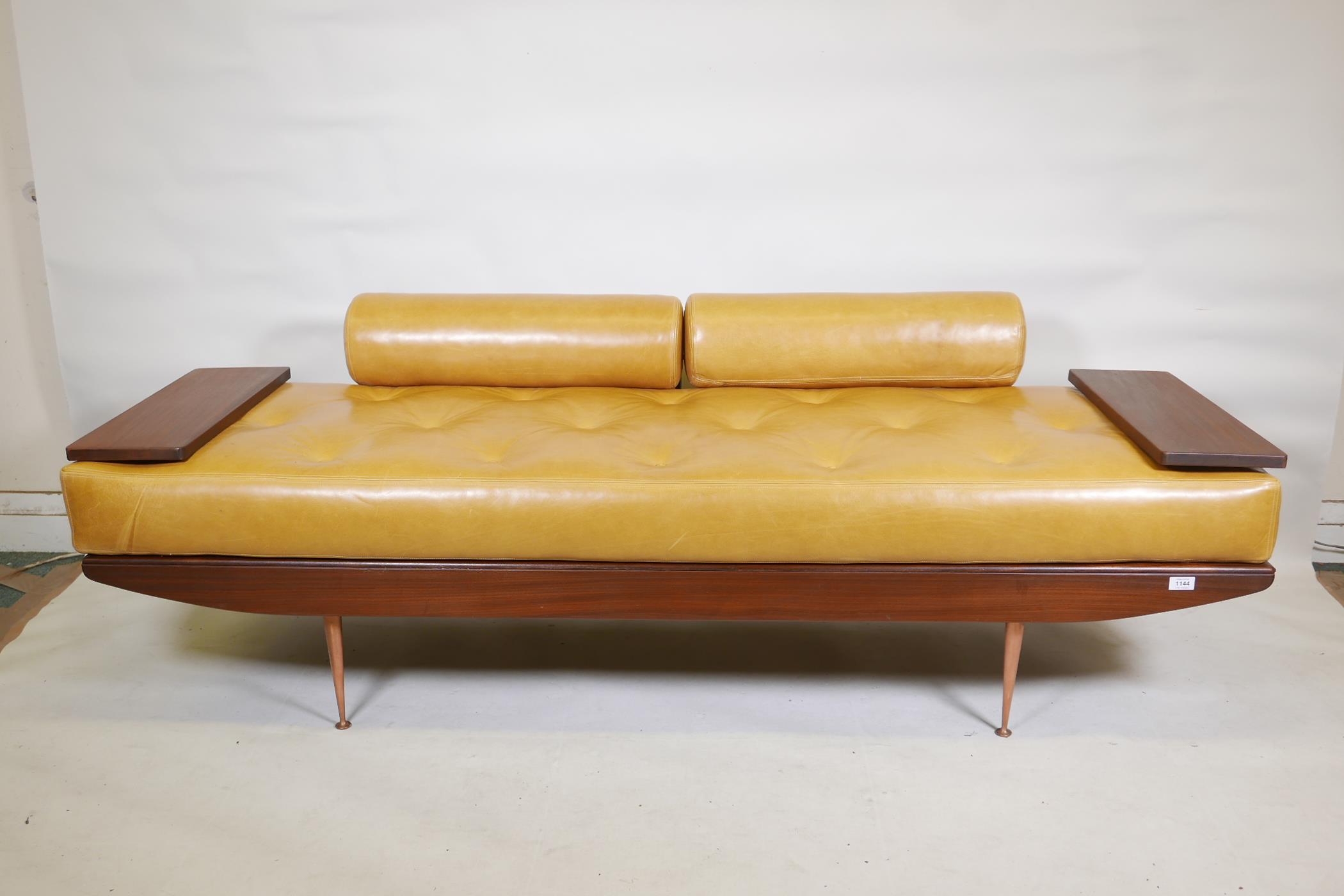 A rare 1950s British Toothill afromosia sofa bed, with buttoned mustard cushions, extending side - Image 2 of 6