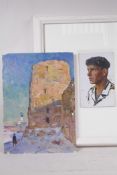 Two Russian oils, portrait of a naval officer, and study of a figure by a tower (signed and