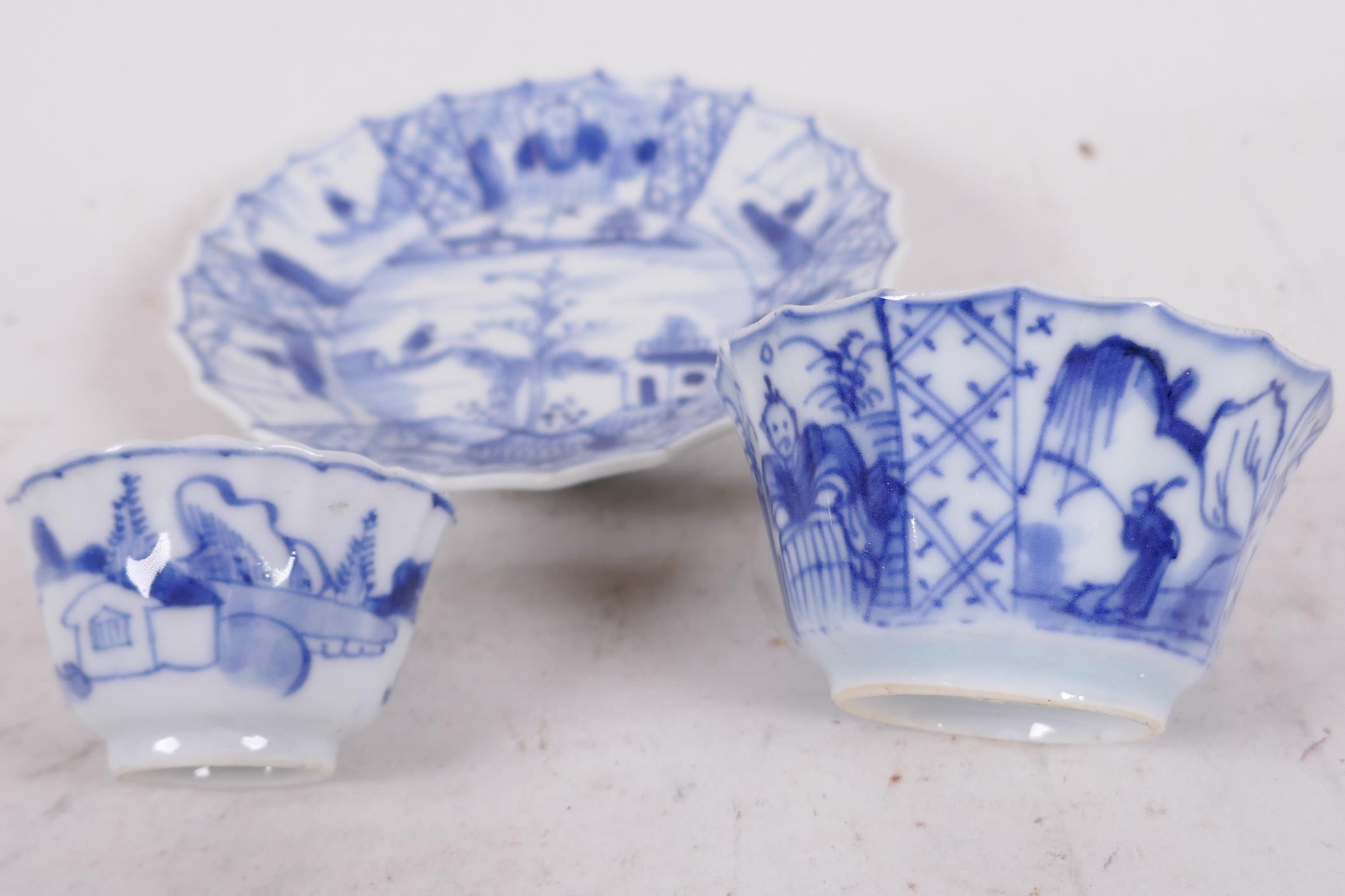 Two Chinese Yongzheng (1723-1735) blue and white fluted tea bowls with a matching saucer, saucer - Image 2 of 7