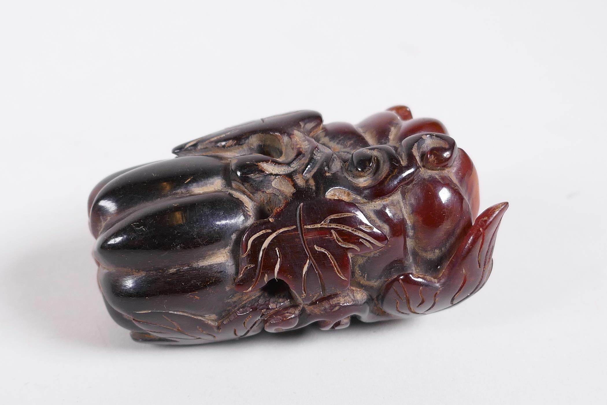 A Chinese carved horn ornament in the form of a cicada on a gourd, 2½" long - Image 3 of 4
