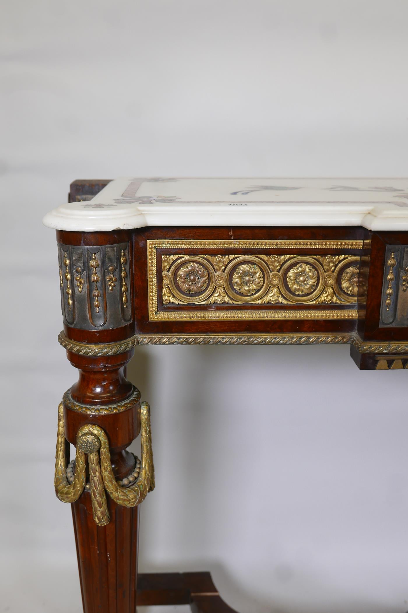 A neo-classical style breakfront mahogany and brass mounted console table, with inset frieze panels, - Image 3 of 9