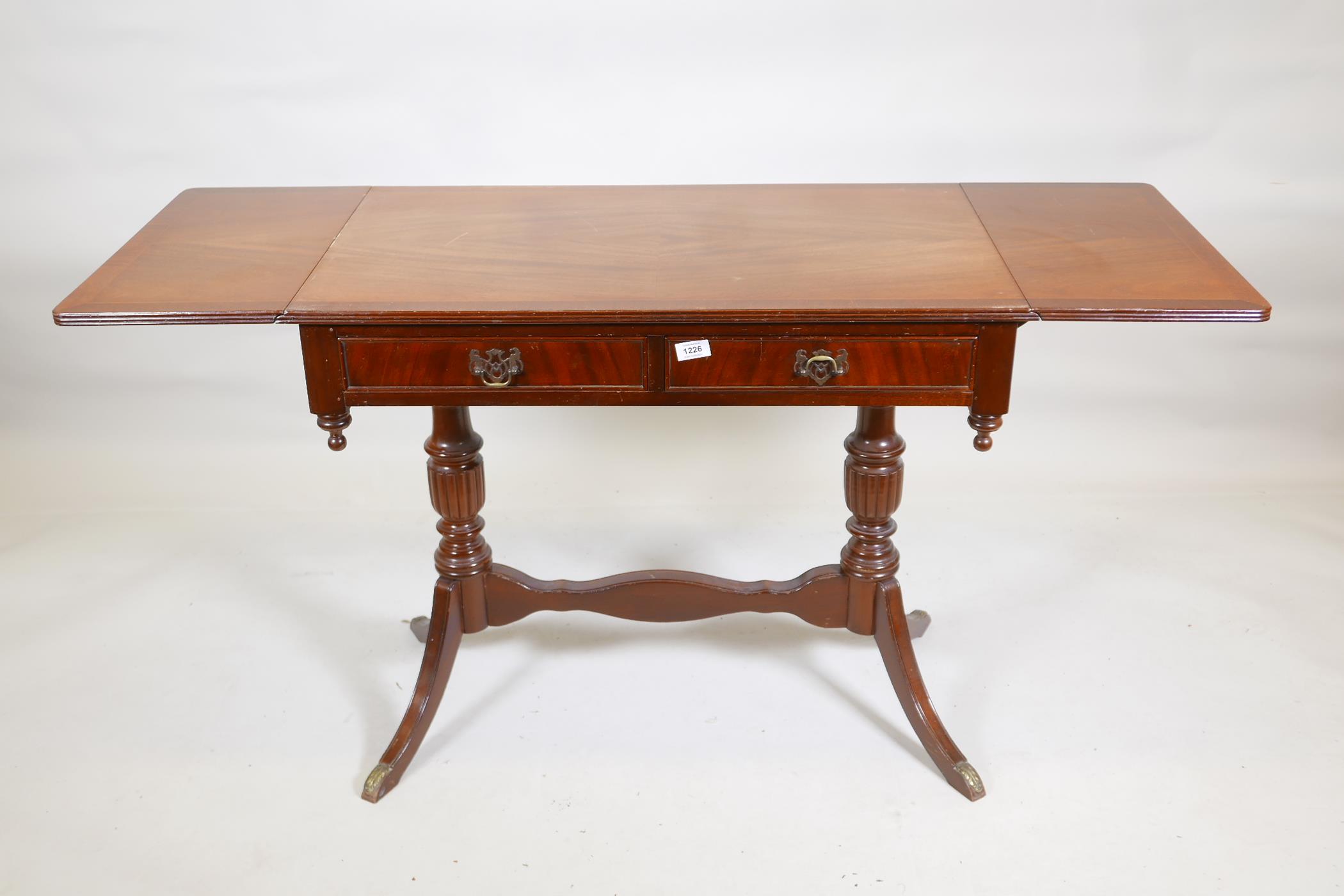 A mahogany veneered two drawer sofa table, with pierced plate handles, 36" x 20" x 29" - Image 3 of 4