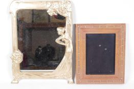 A brass framed Art Nouveau style easel mirror, 10" x 13", together with an inlaid photo frame,