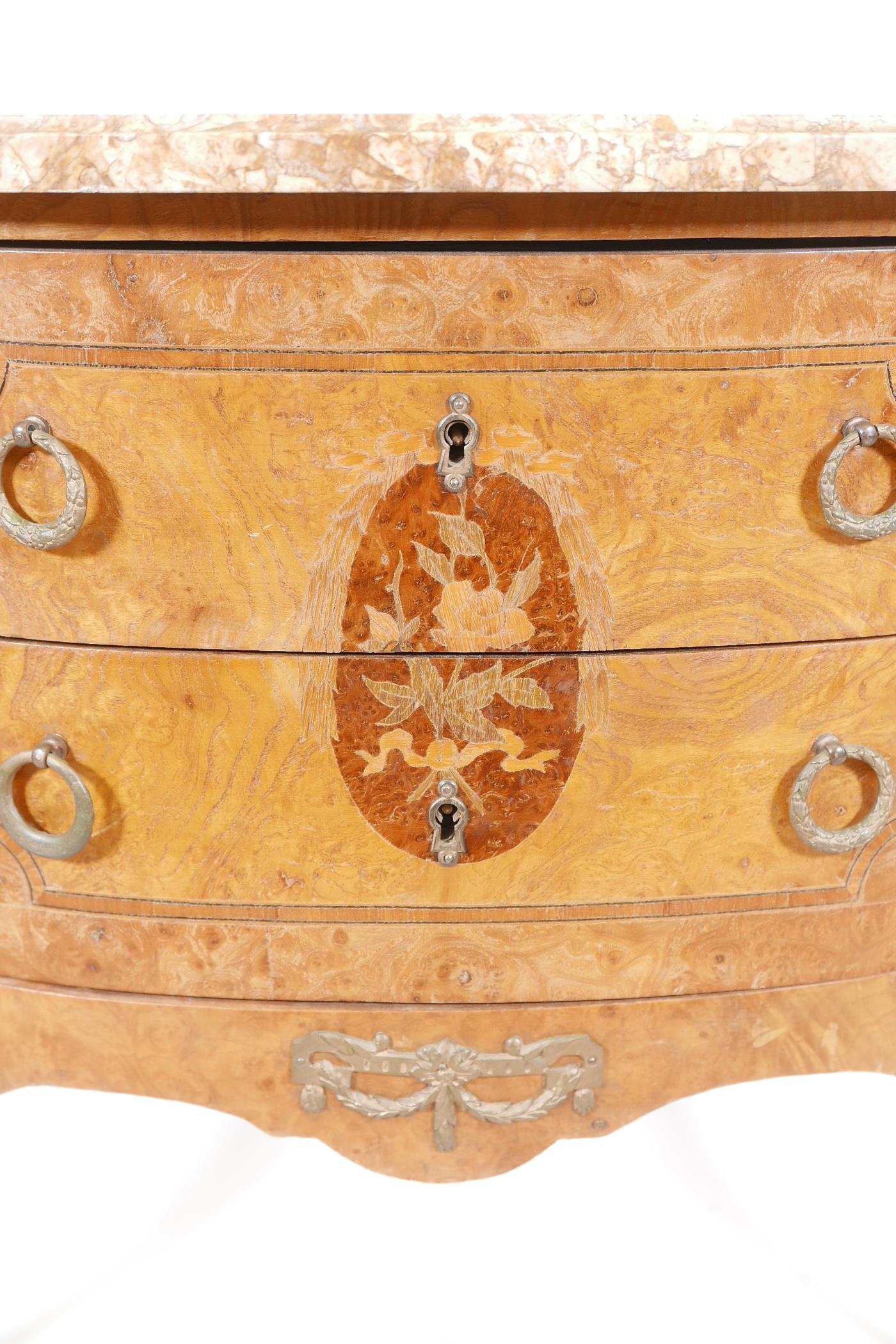 An inlaid burr walnut and elm two drawer bowfronted commode, with marble top and metal mounts, - Image 3 of 4