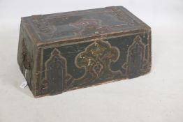 A C19th Continental painted pine and iron strapped carriage trunk, inscribed 'Varna' to the back,