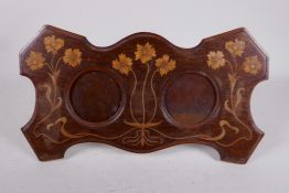 An Art Nouveau inlaid mahogany double photo easel frame, 17" x 10"