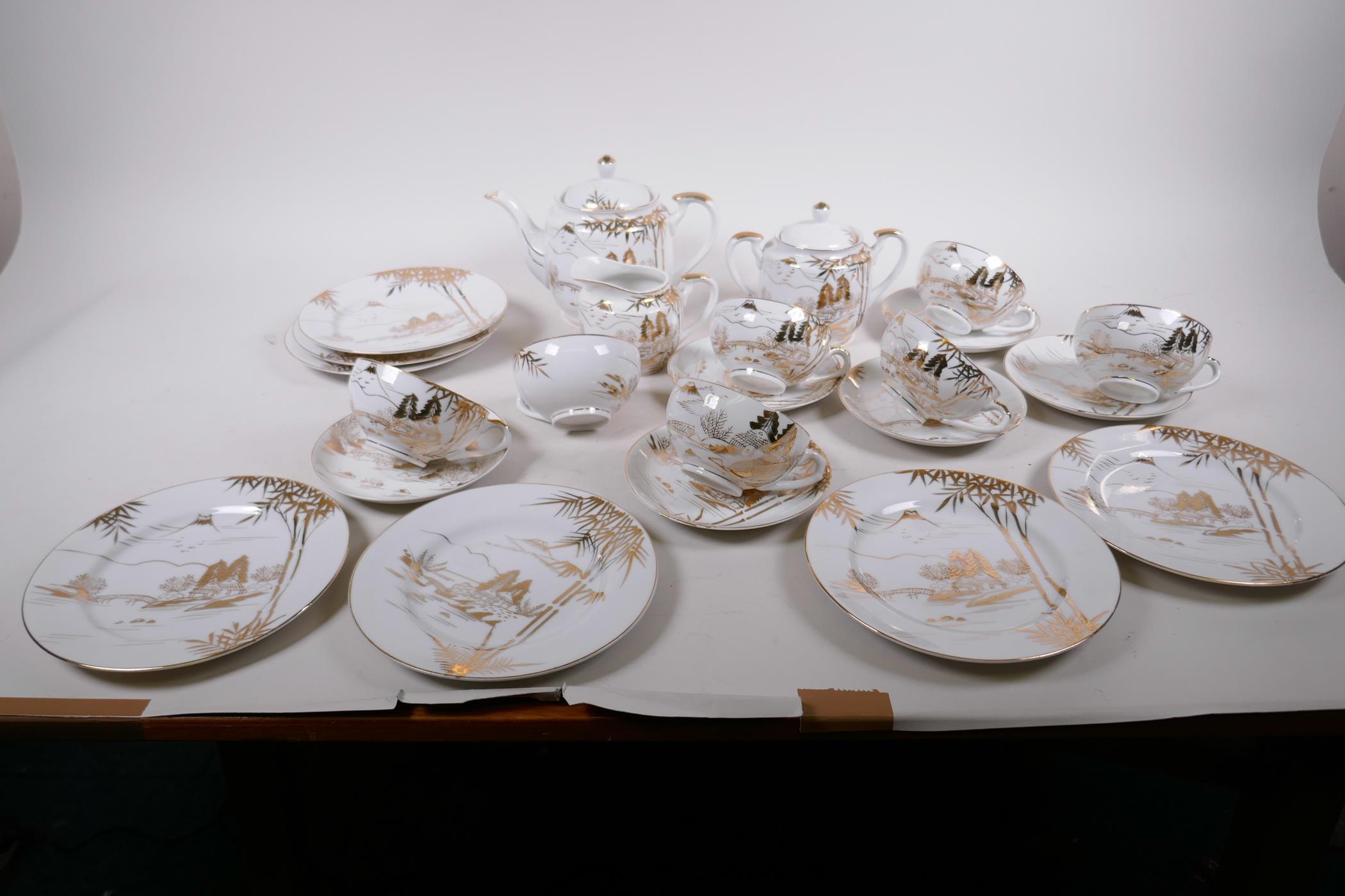 A Japanese Kutani six piece tea service with empress head lithophanes to the cups, comprising - Image 2 of 5