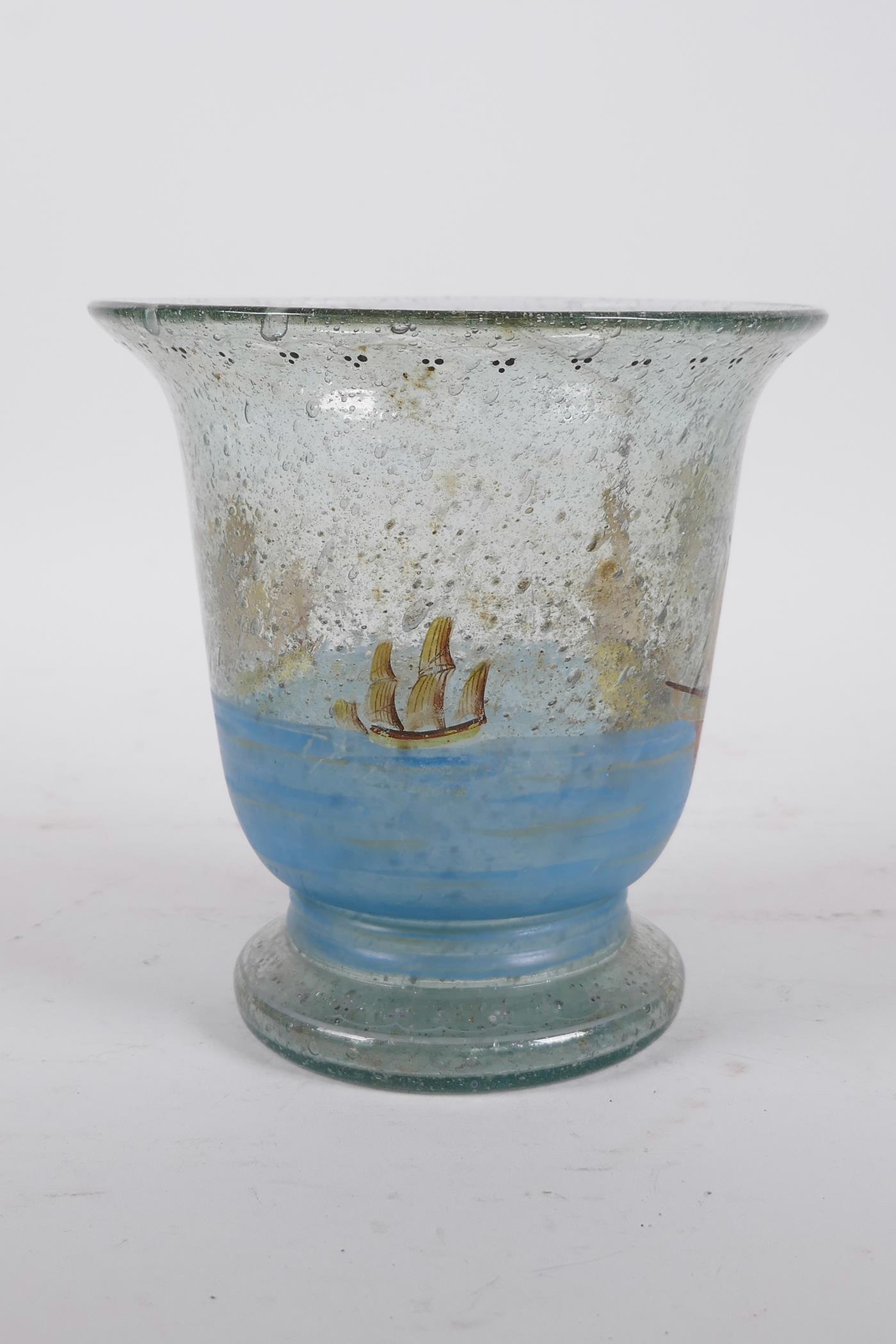 An early C20th American tavern glass vase decorated with the Santa Maria, Pinta and Nina, probably - Image 4 of 6