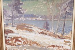 River landscape, signed Inez Hoyton in ink, oil on canvas, housed in a good gilt frame, 18" x 22"