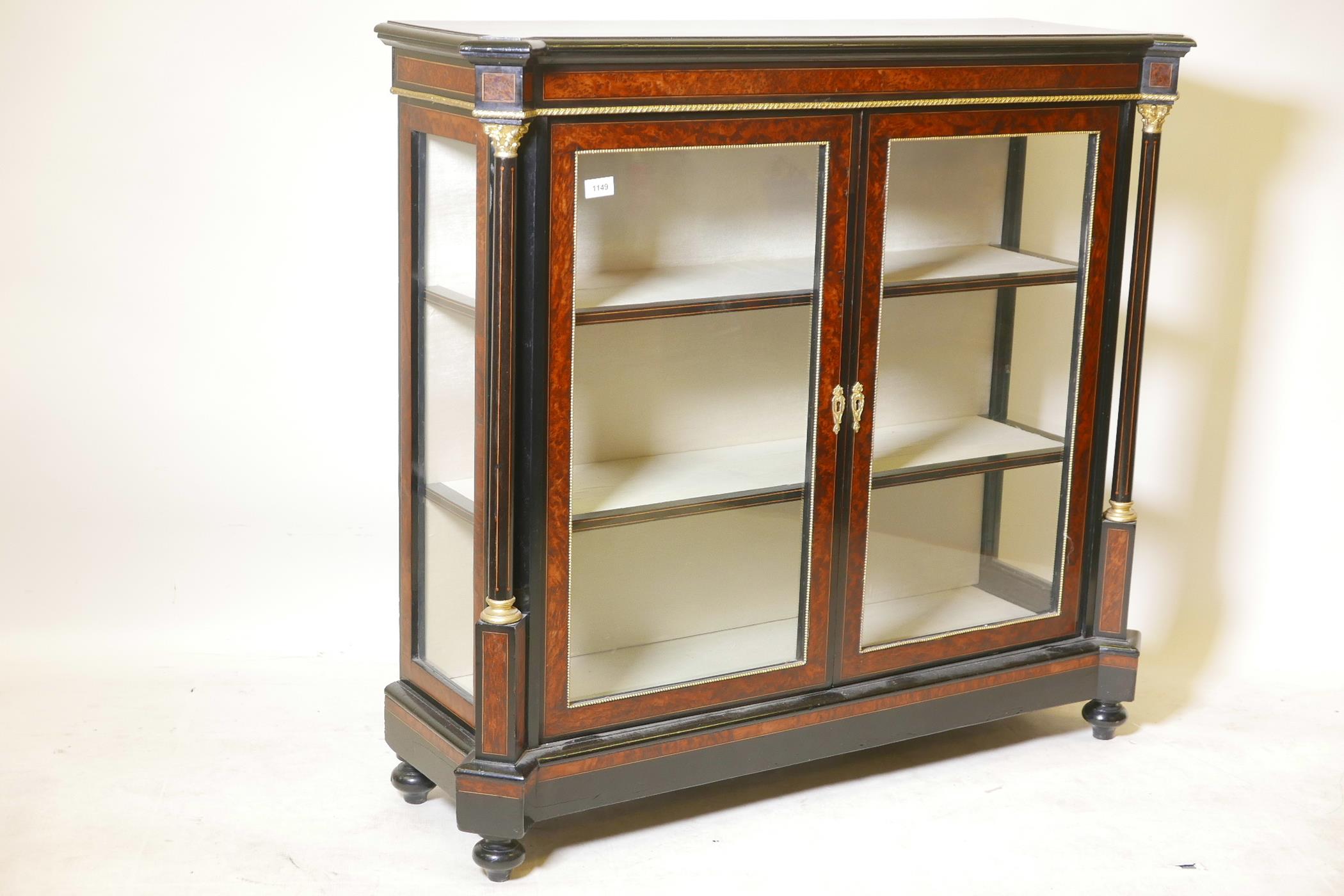 A good C19th ebonised two door pier cabinet with amboyne inset panels and ormolu mounts, raised on - Image 5 of 5