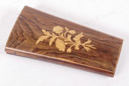 A rosewood and boxwood inlaid etui, containing thimble, scissors and needle case, 4¾" long, catch