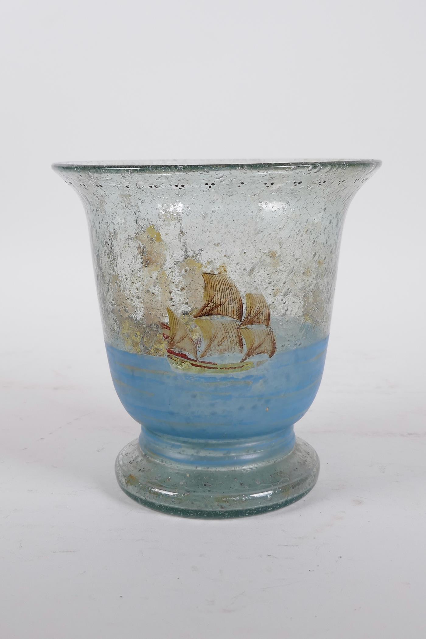 An early C20th American tavern glass vase decorated with the Santa Maria, Pinta and Nina, probably - Image 3 of 6