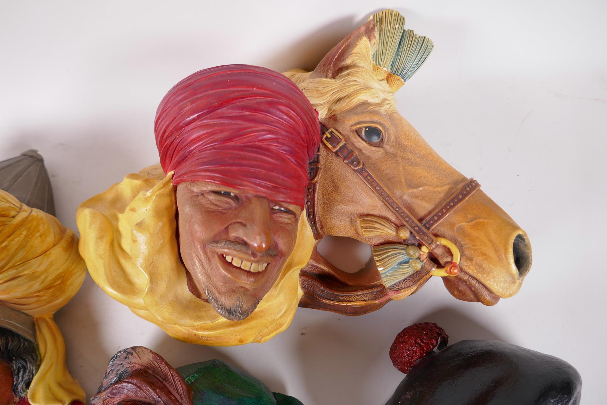 Ten Bossons plaster wall masks, two of turbaned gentlemen with horses, 9" x 8", Robin Hood, man in - Image 5 of 6