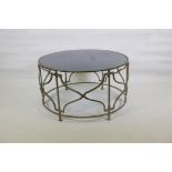A painted wrought steel centre table with tinted glass top, 36" diameter x 20"