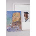Two Russian oils, portrait of a naval officer, and study of a figure by a tower (signed and