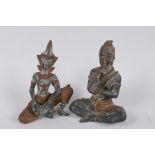 A pair of Thai bronze figures of musicians, with gilt patination and gilt highlights, 6" high